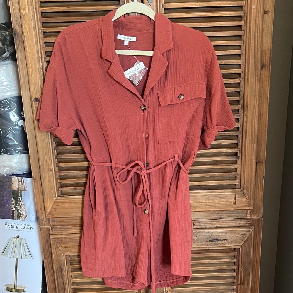 Madewell Rust Orange Button-Front Short Sleeve Tunic Romper